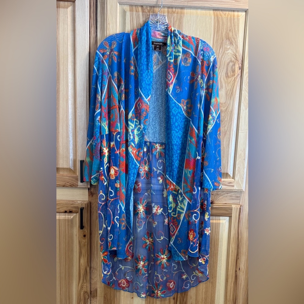 Multiples Sheer Floral Kimono Cardigan Blue Boho Embroidered Duster Size M